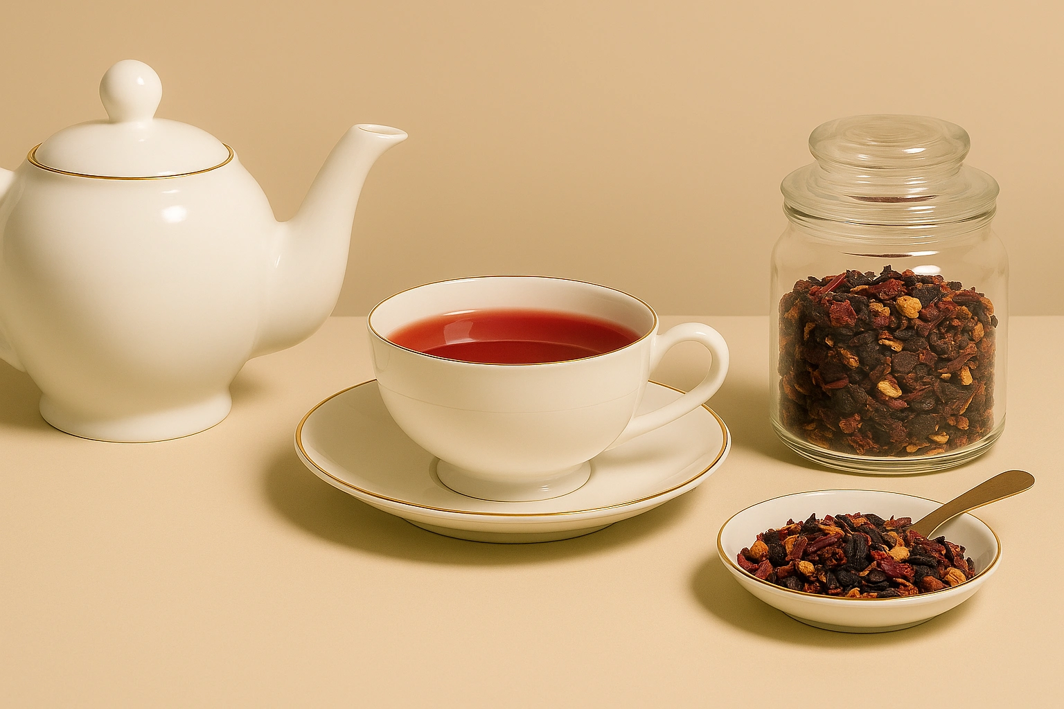 Früchtetee mit Teetasse und losem Tee - Hintergrund